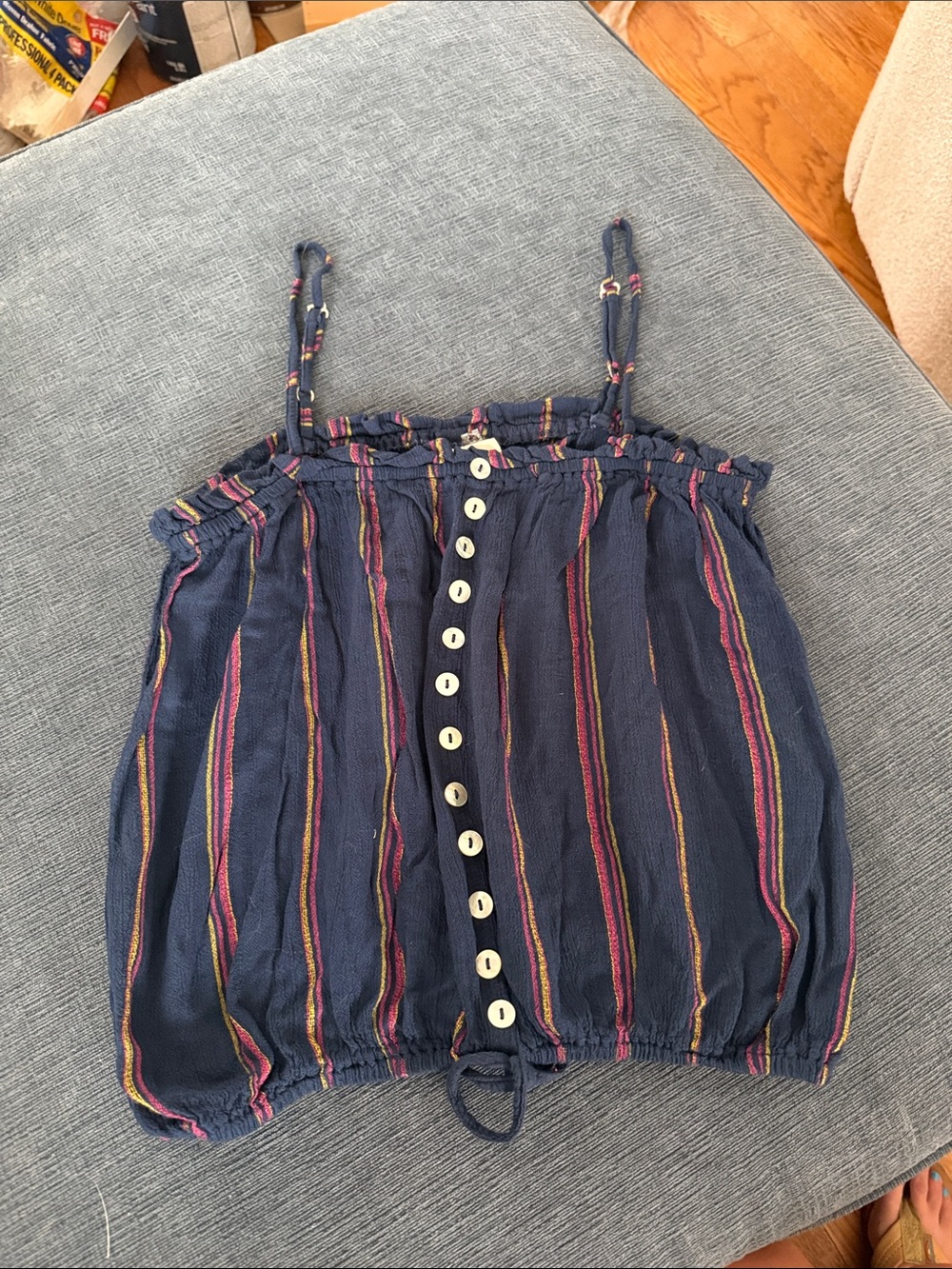 Elan Navy Striped Button-Front Spaghetti Strap Top